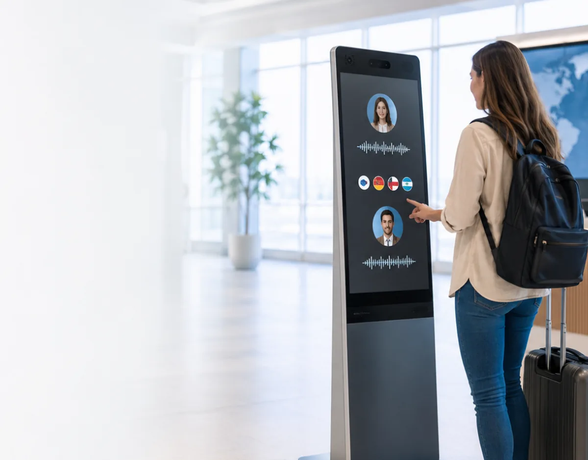 Visitor using a multilingual assistance screen on a portrait signage kiosk in an airport lobby