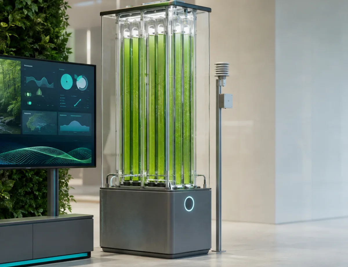Indoor microalgae cultivation unit with an environmental data dashboard screen