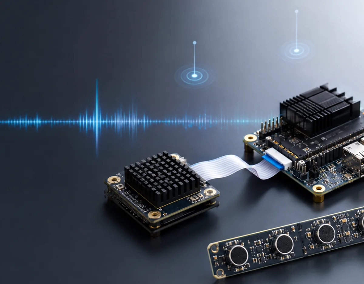On-device AI compute board connected to a microphone-array board